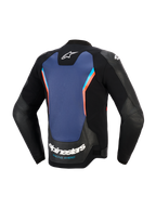 Chaqueta de cuero Alpinestars GP Force V2, vista trasera, cuero negro con un gran panel central azul y detalles en rojo flúor, con el logotipo de Alpinestars y la marca 'RACING AHEAD' en la parte inferior de la espalda, equipamiento para conducción de motos deportivas