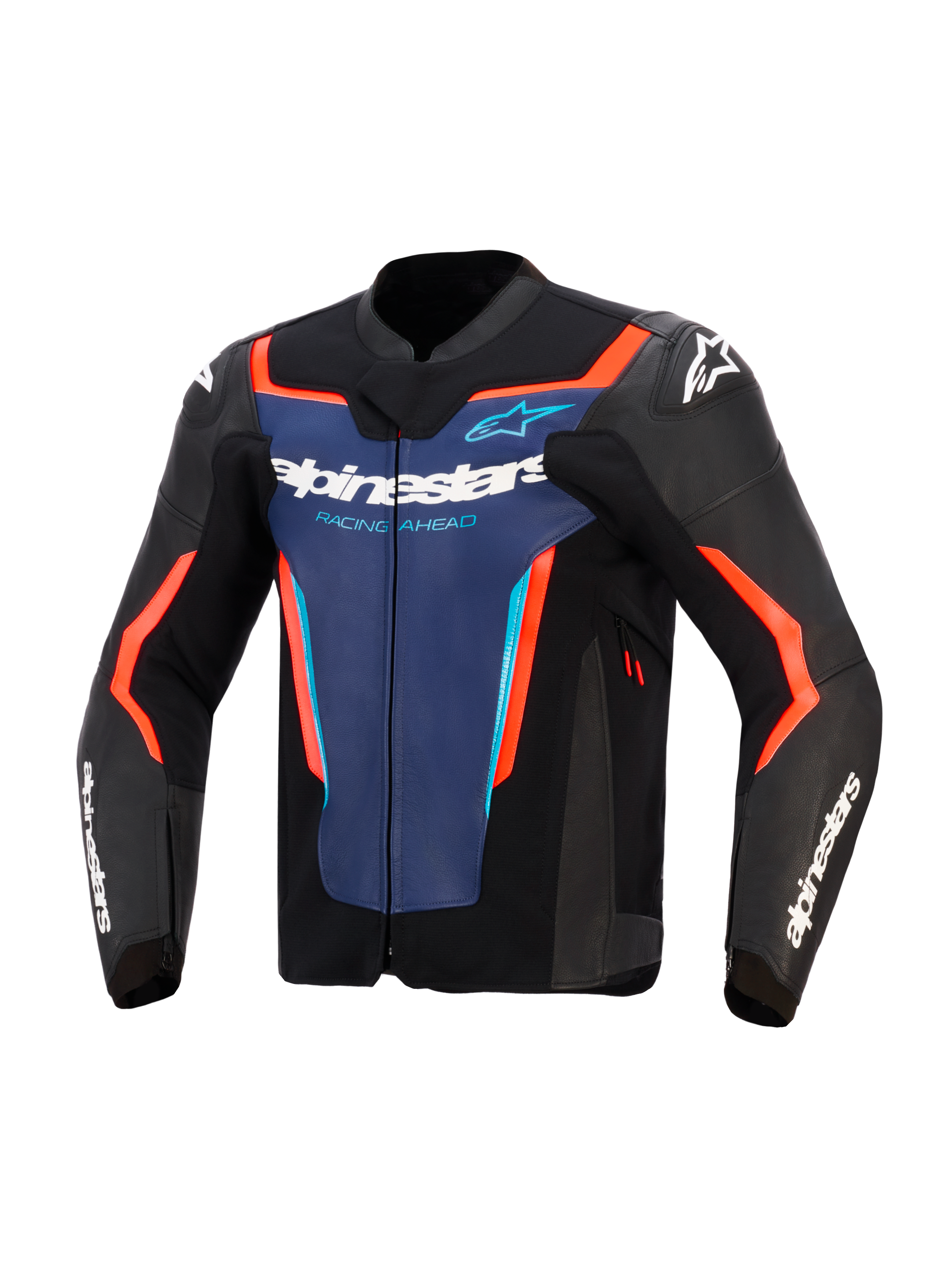 Chaqueta de cuero Alpinestars GP Force V2, negro, azul y rojo flúor, vista frontal con un panel azul en el pecho con las marcas 'Alpinestars' y 'Racing Ahead' en blanco, detalles en rojo anaranjado neón y logotipos blancos en los hombros y las mangas, diseñada para conducción de motocicletas deportivas.