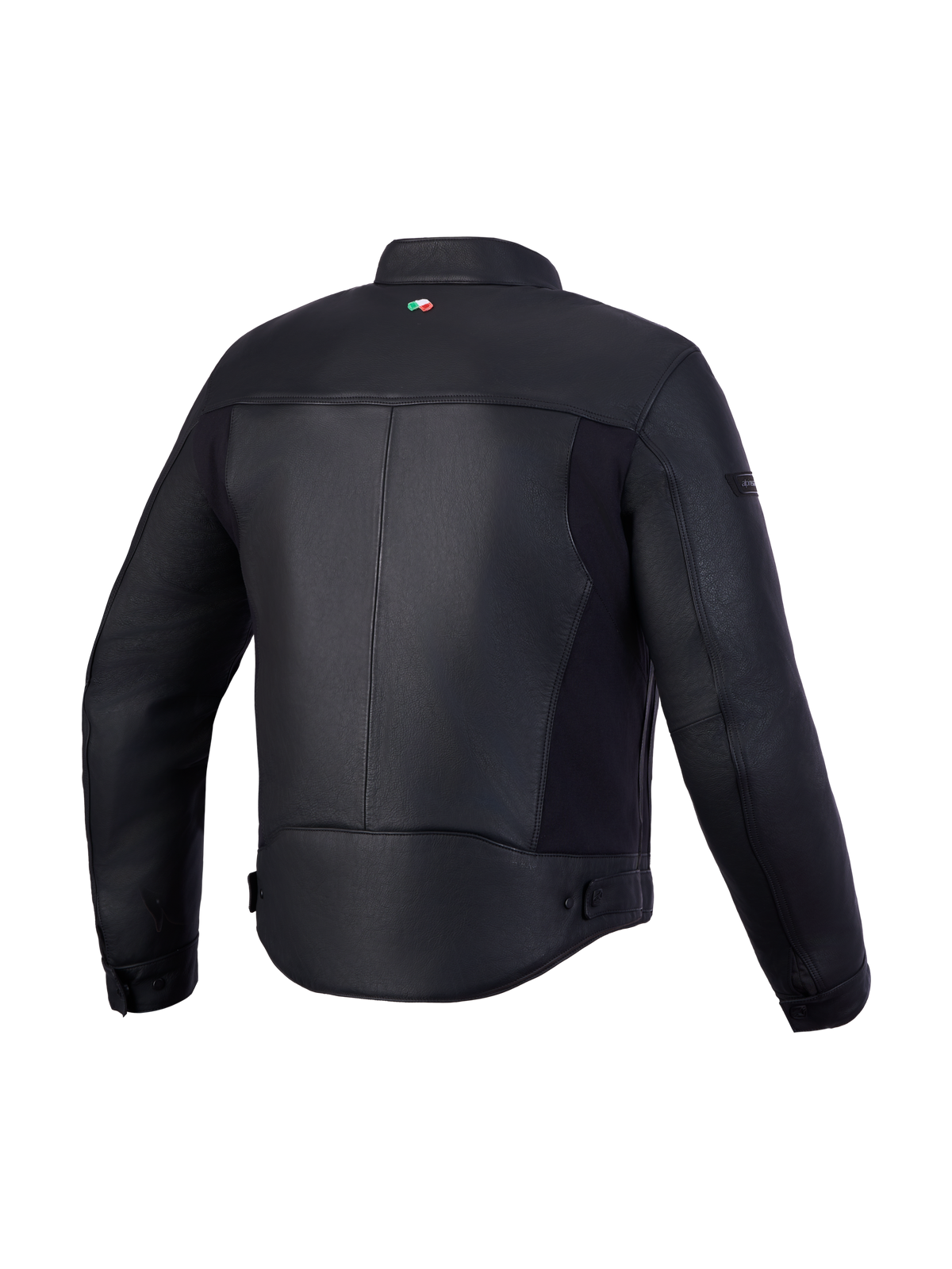 Chaqueta Alpinestars Maver-X de cuero, chaqueta de moto urbana contemporánea para hombre en negro, vista trasera que muestra la construcción de cuero bovino premium, inserciones elásticas y cuello motero