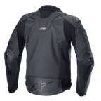 Chaqueta de cuero Alpinestars GP Plus R V4 Rideknit, negro, vista trasera que muestra la construcción técnica en cuero, paneles elásticos RIDEKNIT y el logotipo de Alpinestars en la parte inferior de la espalda.