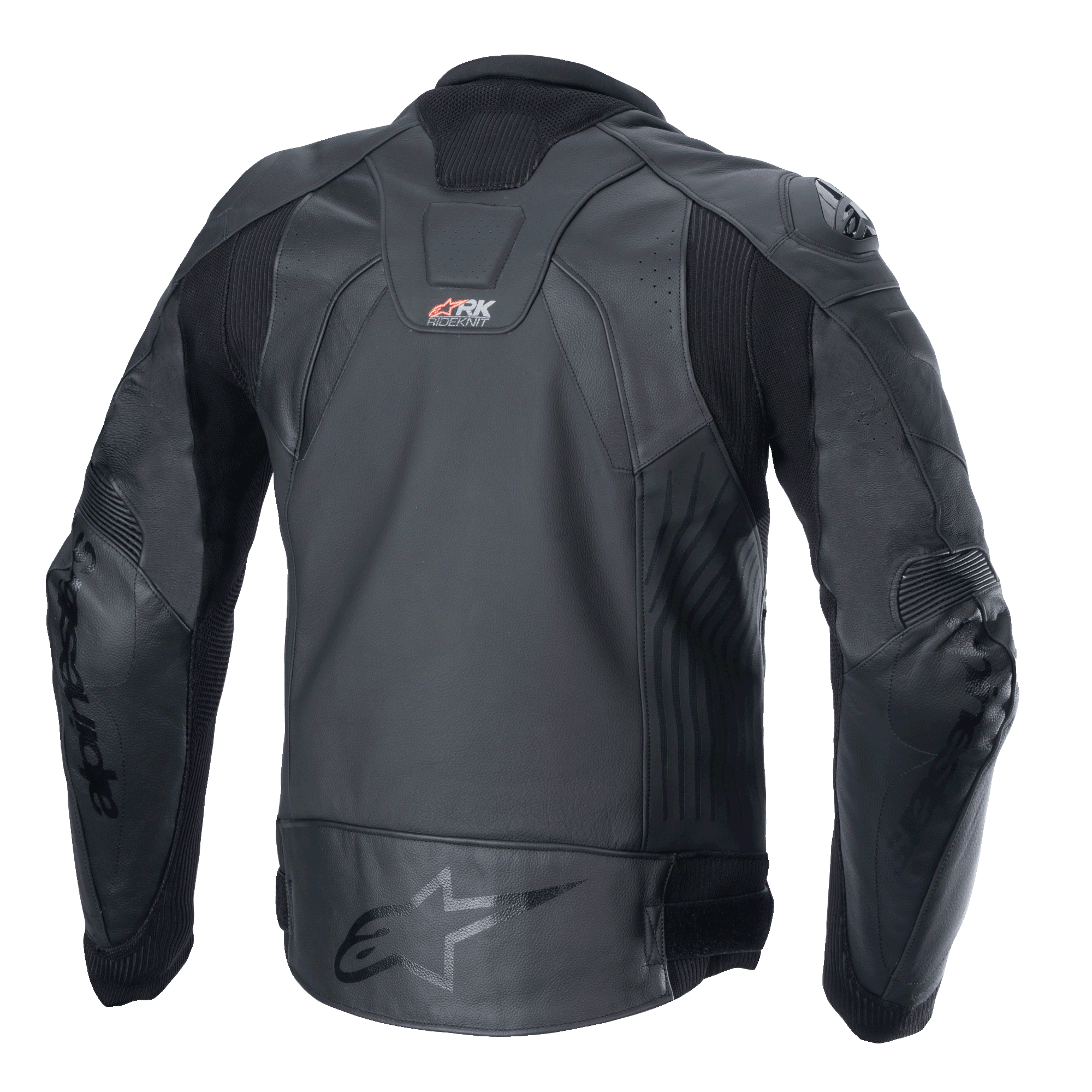 Chaqueta de cuero Alpinestars GP Plus R V4 Rideknit, negro, vista trasera que muestra la construcción técnica en cuero, paneles elásticos RIDEKNIT y el logotipo de Alpinestars en la parte inferior de la espalda.