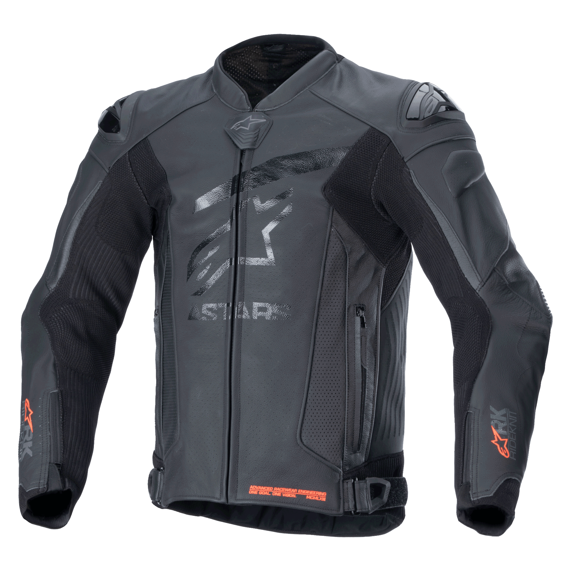 Alpinestars GP Plus R V4 Rideknit, chaqueta de cuero profesional para carreras de motos, negra, logotipo de estrella tonal en el pecho, detalles Rideknit rojos en los puños y el dobladillo inferior, paneles de ventilación perforados, deslizadores de hombro DFS, confección en cuero de primera calidad con tecnología RIDEKNIT integrada