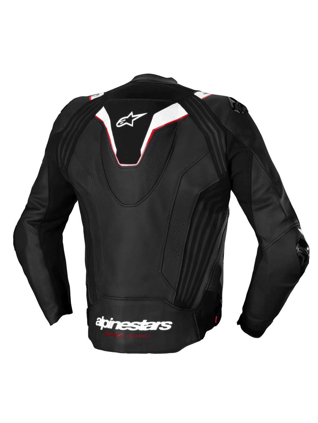 Alpinestars Chaqueta De Cuero Missile V3 Ignition, vista trasera de una chaqueta de moto de carreras para hombre en color negro y blanco con detalles en rojo, con joroba aerodinámica y confección en cuero bovino premium