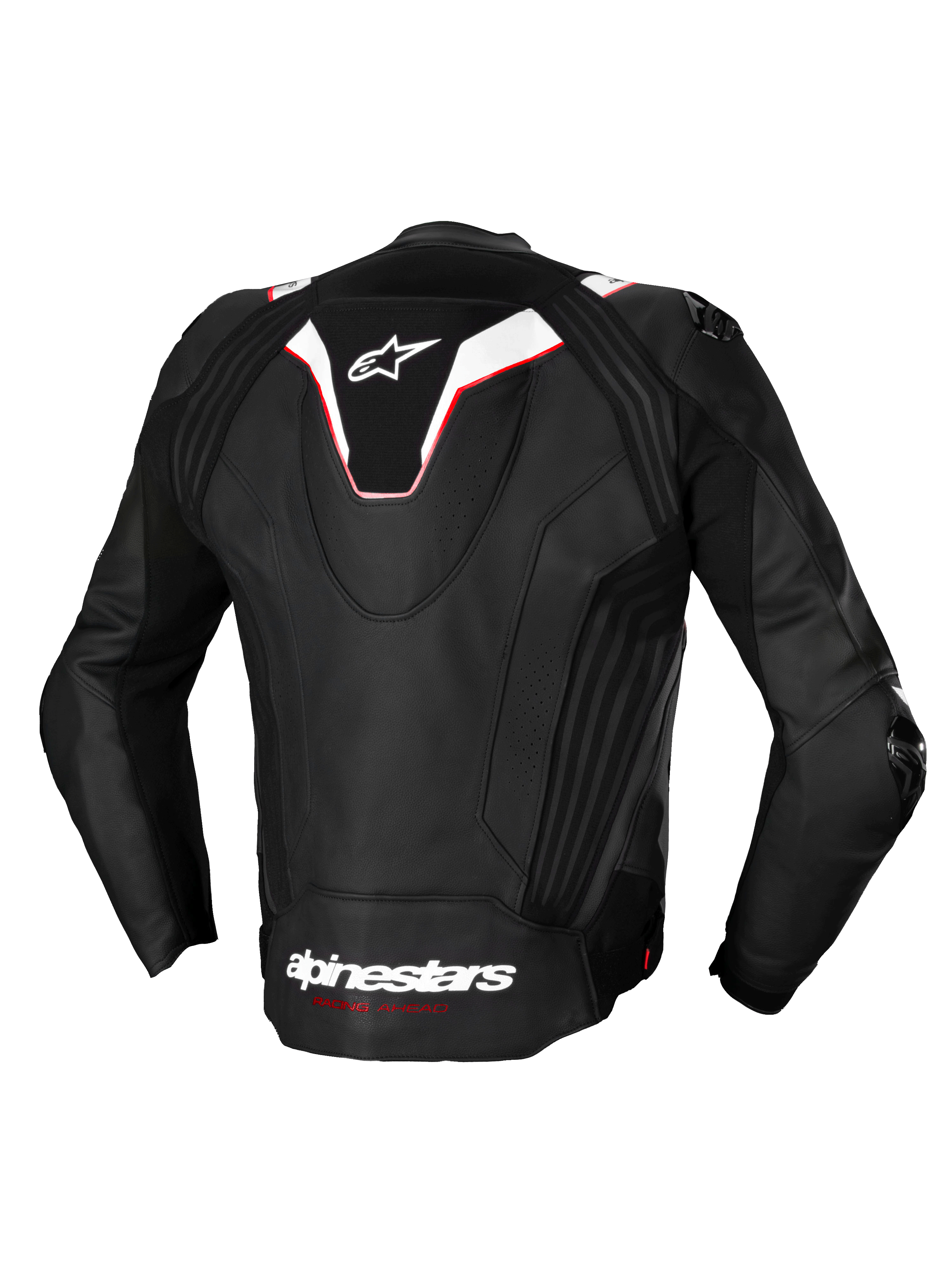 Alpinestars Chaqueta De Cuero Missile V3 Ignition, vista trasera de una chaqueta de moto de carreras para hombre en color negro y blanco con detalles en rojo, con joroba aerodinámica y confección en cuero bovino premium
