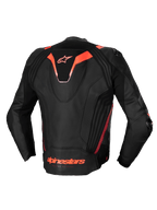 Alpinestars Missile V3 Ignition Leather Jacket, Men's Racing Motorcycle Jacket, Black and Red Fluo, CE Certified, premium bovine leather with sport aero-hump and stretch panels, rear view