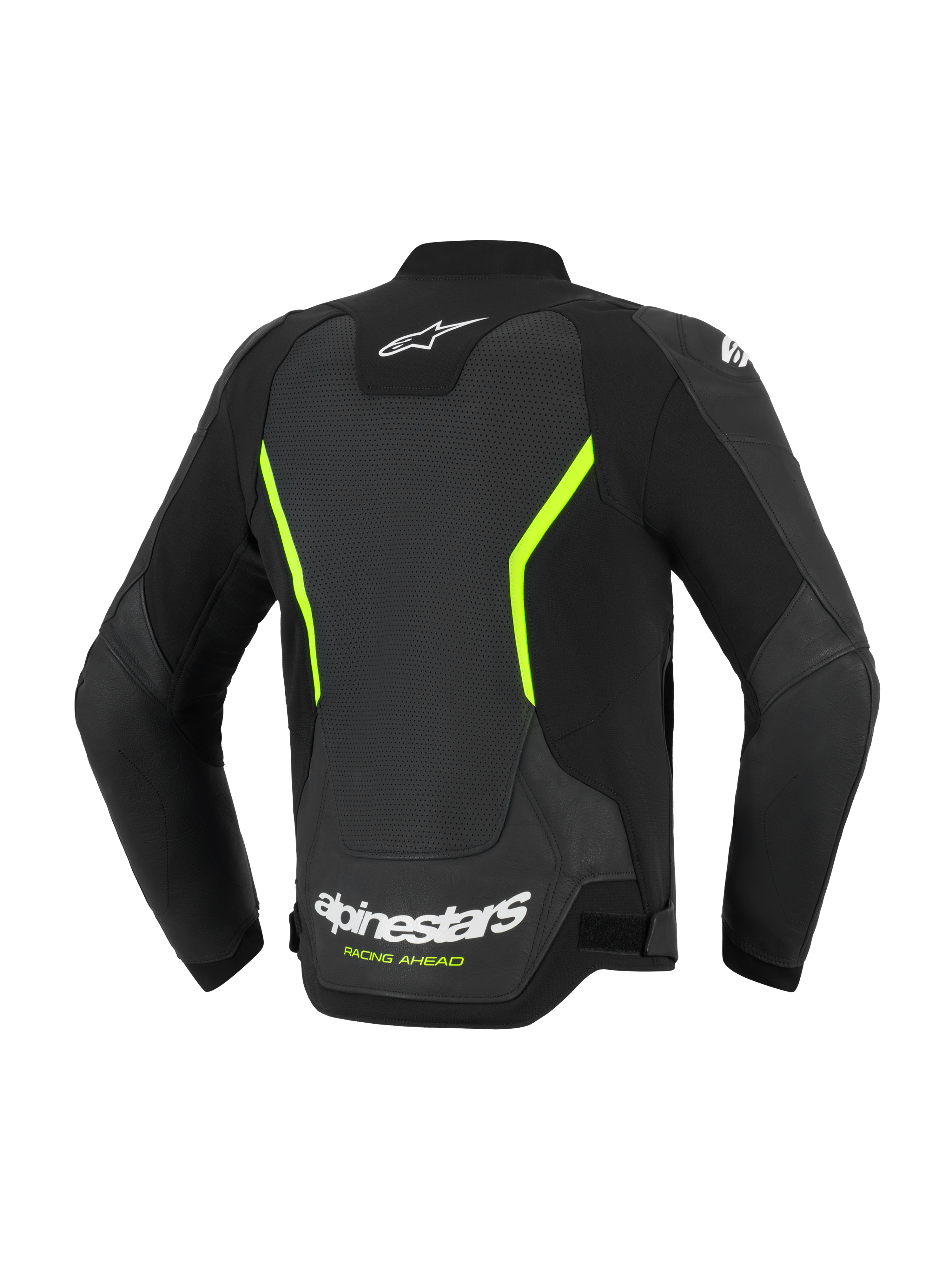 Alpinestars GP Force V2 Air Leather Jacket, Motorcycle Road Jacket, Black and Yellow Fluo, back view showcasing large perforated leather panels, white Alpinestars logos, vibrant yellow accents, and a performance sport fit