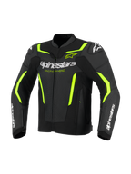 Alpinestars GP Force V2 Air Leather Jacket, Leather Motorcycle Jacket, Black and Yellow Fluo, featuring perforated leather panels for airflow, bold white Alpinestars branding on the chest and forearms, and fluorescent yellow accents on the shoulders and sleeves for a sport-oriented look.