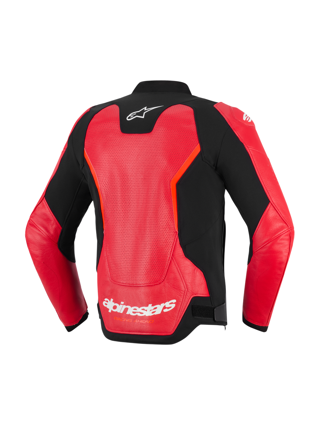 Chaqueta de cuero Alpinestars GP Force V2 Air, vista trasera, rojo y negro, con un gran panel de cuero perforado para la ventilación, logotipo de Alpinestars en blanco en el cuello y la parte inferior de la espalda, diseño deportivo estilizado para conducción de motos en carretera