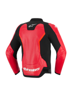 Chaqueta de cuero Alpinestars GP Force V2 Air, vista trasera, rojo y negro, con un gran panel de cuero perforado para la ventilación, logotipo de Alpinestars en blanco en el cuello y la parte inferior de la espalda, diseño deportivo estilizado para conducción de motos en carretera