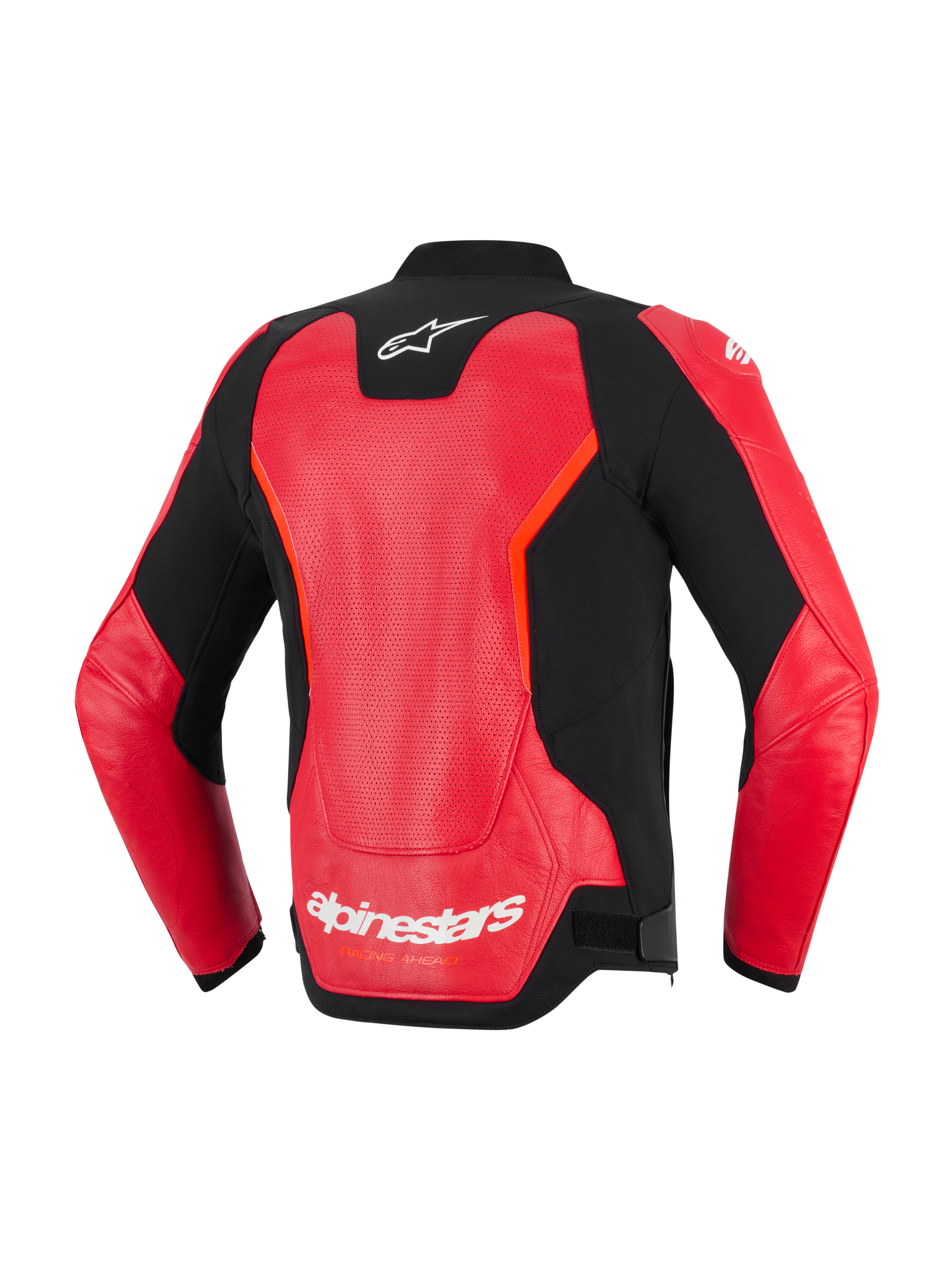 Chaqueta de cuero Alpinestars GP Force V2 Air, vista trasera, rojo y negro, con un gran panel de cuero perforado para la ventilación, logotipo de Alpinestars en blanco en el cuello y la parte inferior de la espalda, diseño deportivo estilizado para conducción de motos en carretera