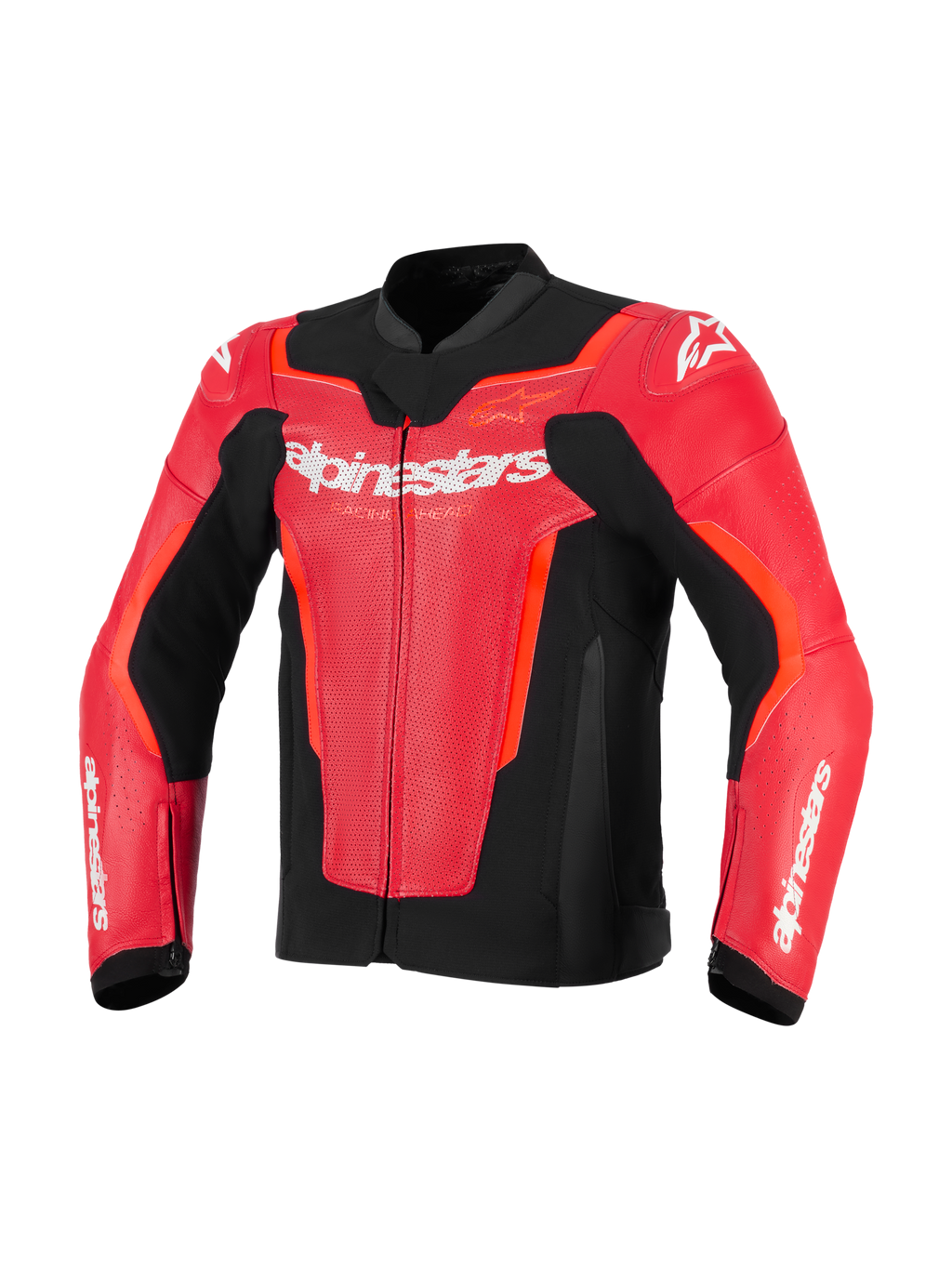 Chaqueta de cuero Alpinestars GP Force V2 Air, rojo y rojo flúor con detalles en negro, cuero perforado para ventilación, logotipo de Alpinestars en blanco en el pecho, equipamiento de carreras de motos con ajuste deportivo