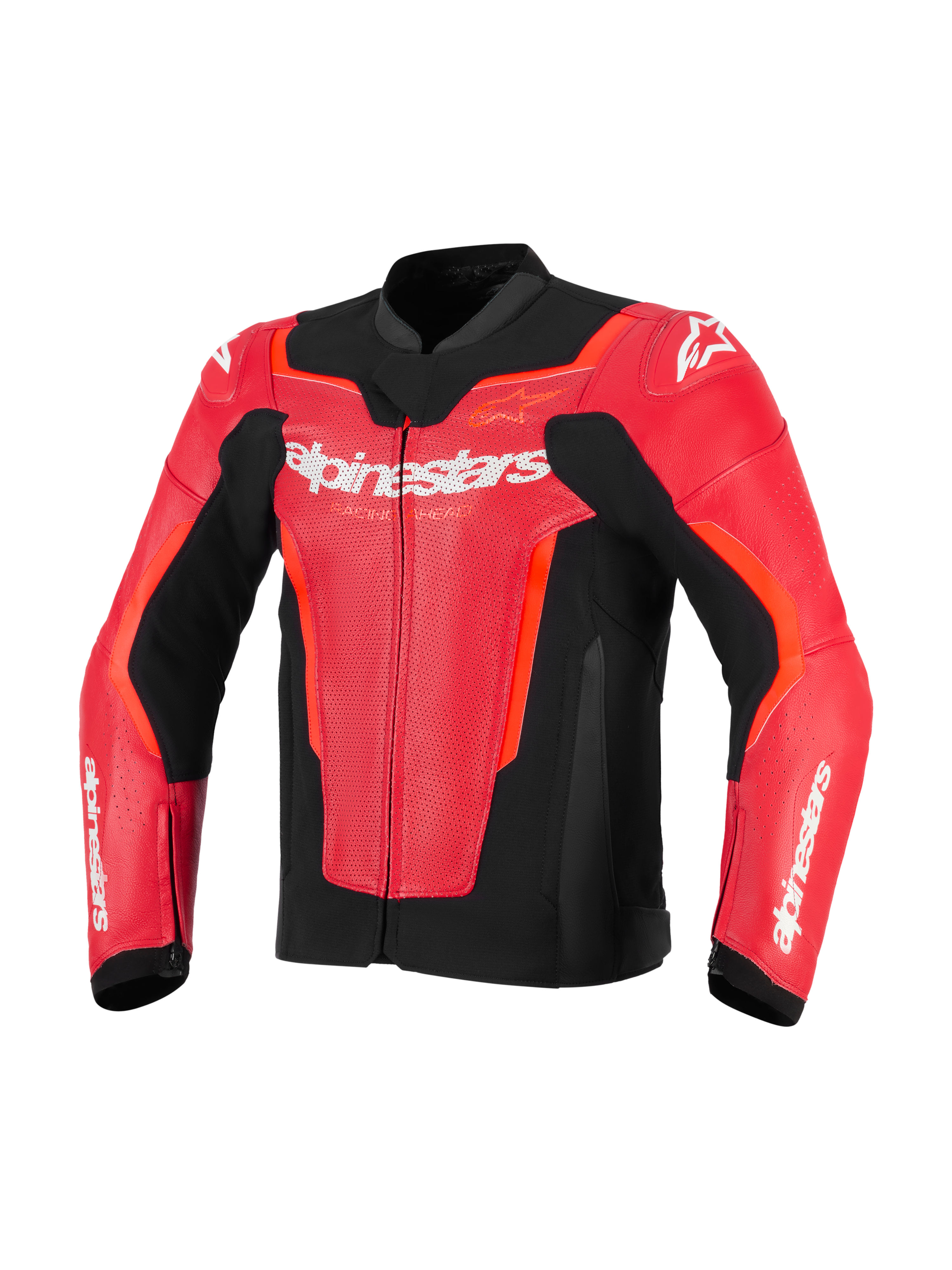 Chaqueta de cuero Alpinestars GP Force V2 Air, rojo y rojo flúor con detalles en negro, cuero perforado para ventilación, logotipo de Alpinestars en blanco en el pecho, equipamiento de carreras de motos con ajuste deportivo