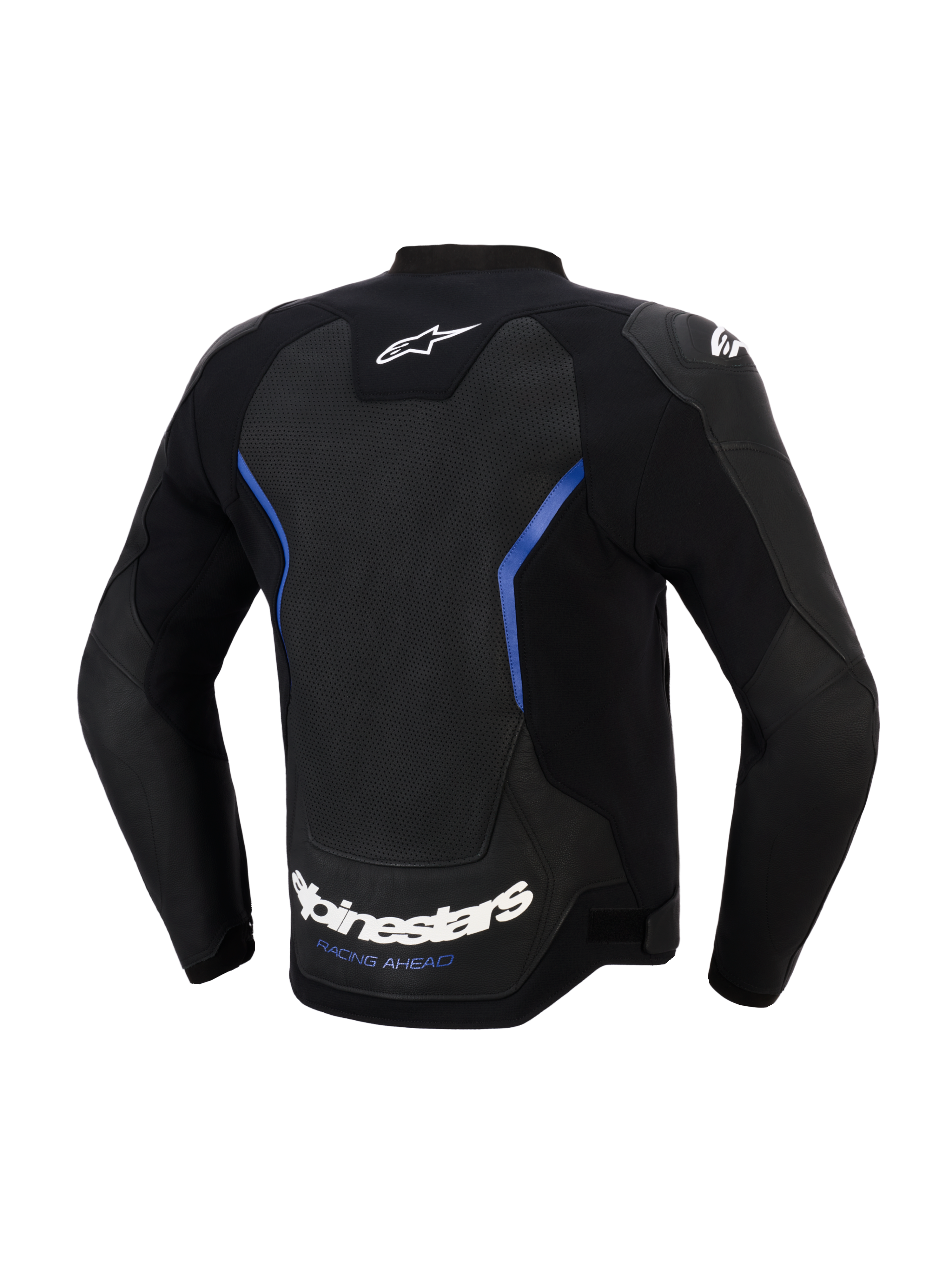 Alpinestars GP Force V2 Airflow Leather Jacket, Back view, Black and Metallic Blue, large perforated leather back panel for ventilation, white Alpinestars wordmark and 'RACING AHEAD' slogan at the lower hem, professional sport riding gear