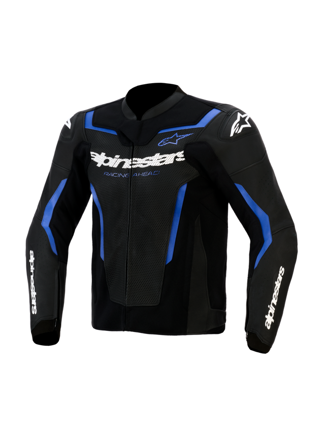 Alpinestars GP Force V2 Airflow Leather Jacket, Black and Metallic Blue, perforated leather panels on chest, white Alpinestars branding with 'Racing Ahead' text, sporty design with blue accents and white star logos on shoulders, professional motorcycle riding gear