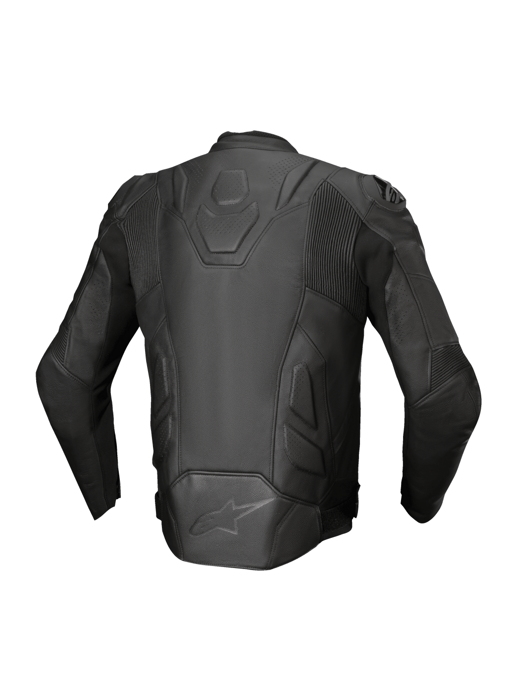 Alpinestars chaqueta de cuero Dusk, chaqueta de moto racing, hombre, negra, cuero premium, paneles elásticos, vista trasera.