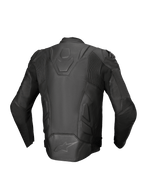 Alpinestars chaqueta de cuero Dusk, chaqueta de moto racing, hombre, negra, cuero premium, paneles elásticos, vista trasera.