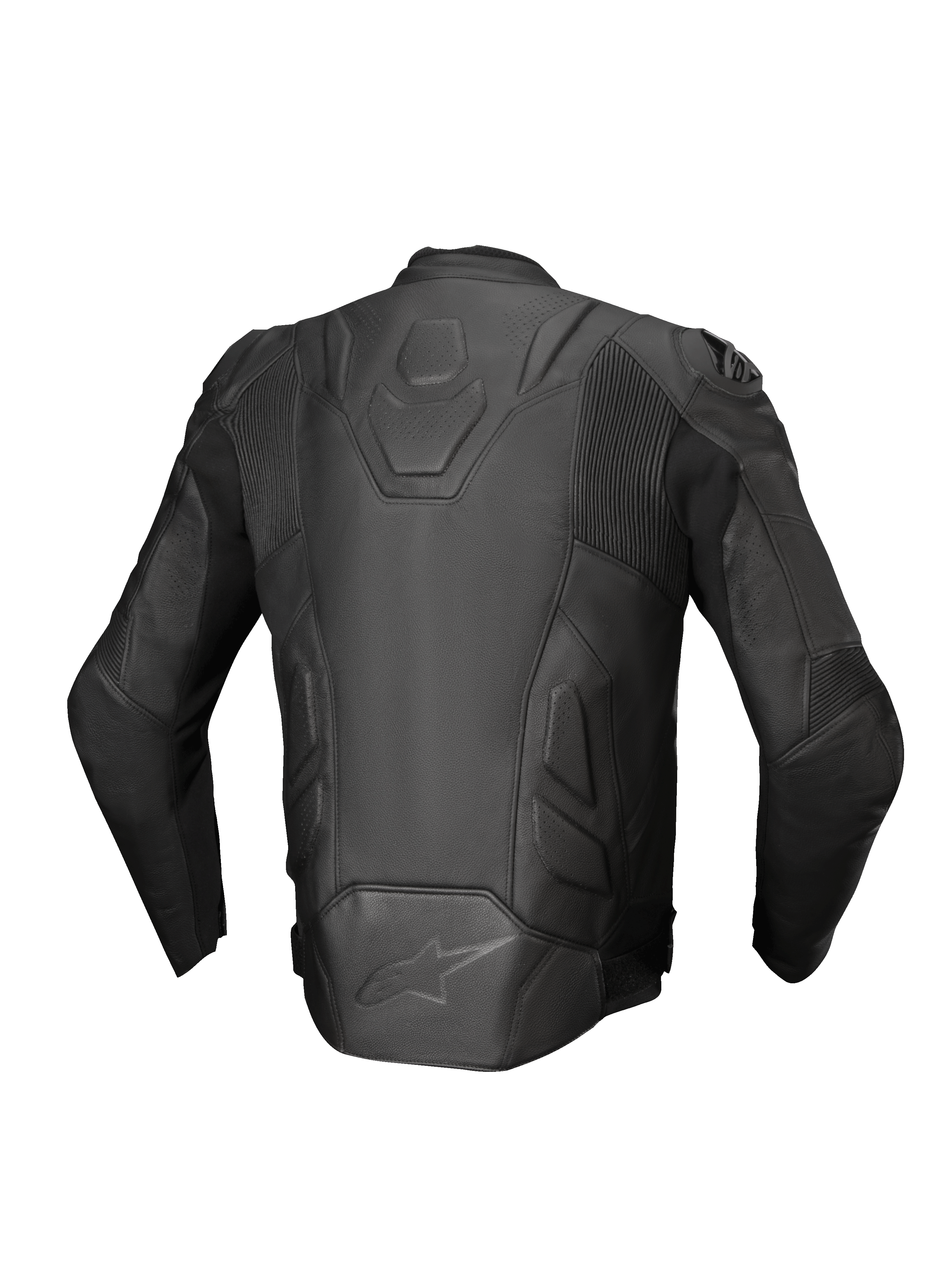 Alpinestars chaqueta de cuero Dusk, chaqueta de moto racing, hombre, negra, cuero premium, paneles elásticos, vista trasera.