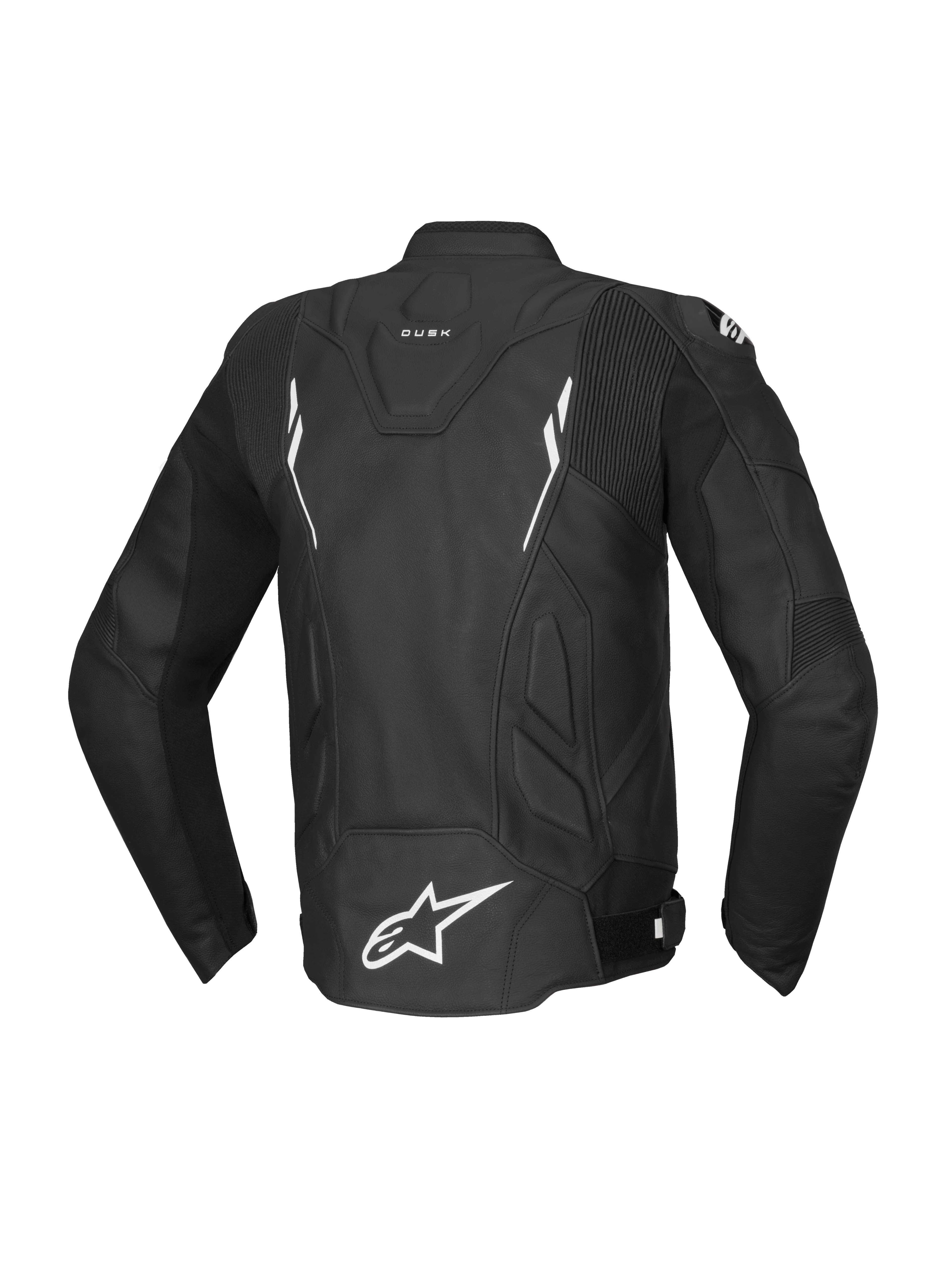 Alpinestars Chaqueta de cuero Dusk, chaqueta de moto para hombre, negra y blanca, cuero bovino, Tech-Air Ready, vista trasera.