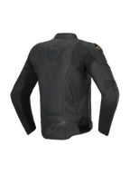 Alpinestars chaqueta de cuero Dusk, chaqueta de moto de hombre, negra, vista trasera con paneles de acordeón, cuero bovino