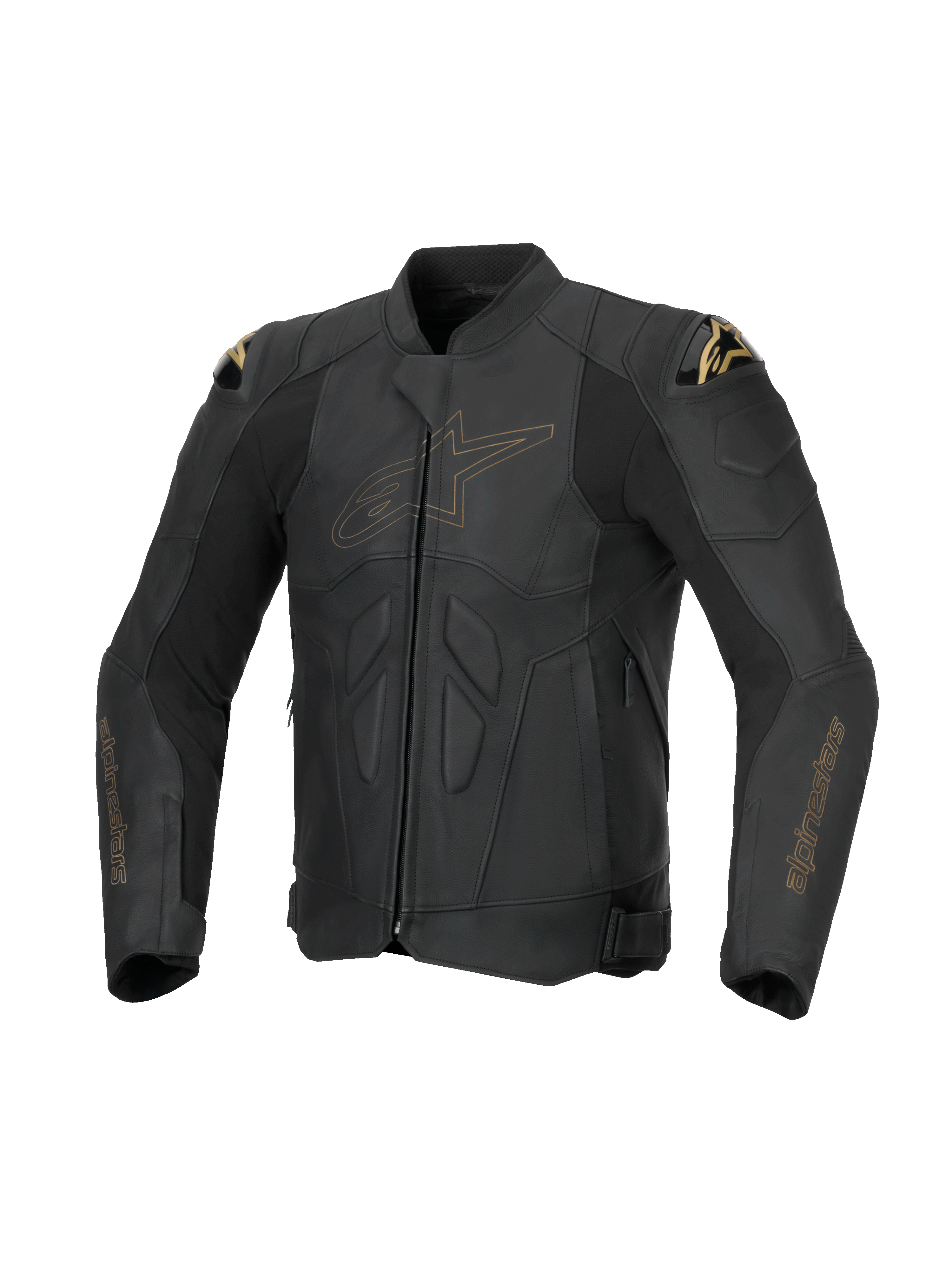 Alpinestars Dusk, chaqueta de cuero de moto para hombre, negro y dorado, estilo racing, con deslizadores de hombro DFS y protección Nucleon PLASMA, construcción de cuero bovino premium