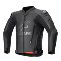 Chaqueta de cuero Alpinestars GP Plus V4, chaqueta negra de carreras para moto con logotipo ASTARS plateado en el pecho, cremallera frontal, deslizadores de hombro DFS externos, cremalleras de ventilación en el abdomen, correas de cintura ajustables, detalles rojos en el cuello interior, confección en cuero premium y tejido técnico elástico