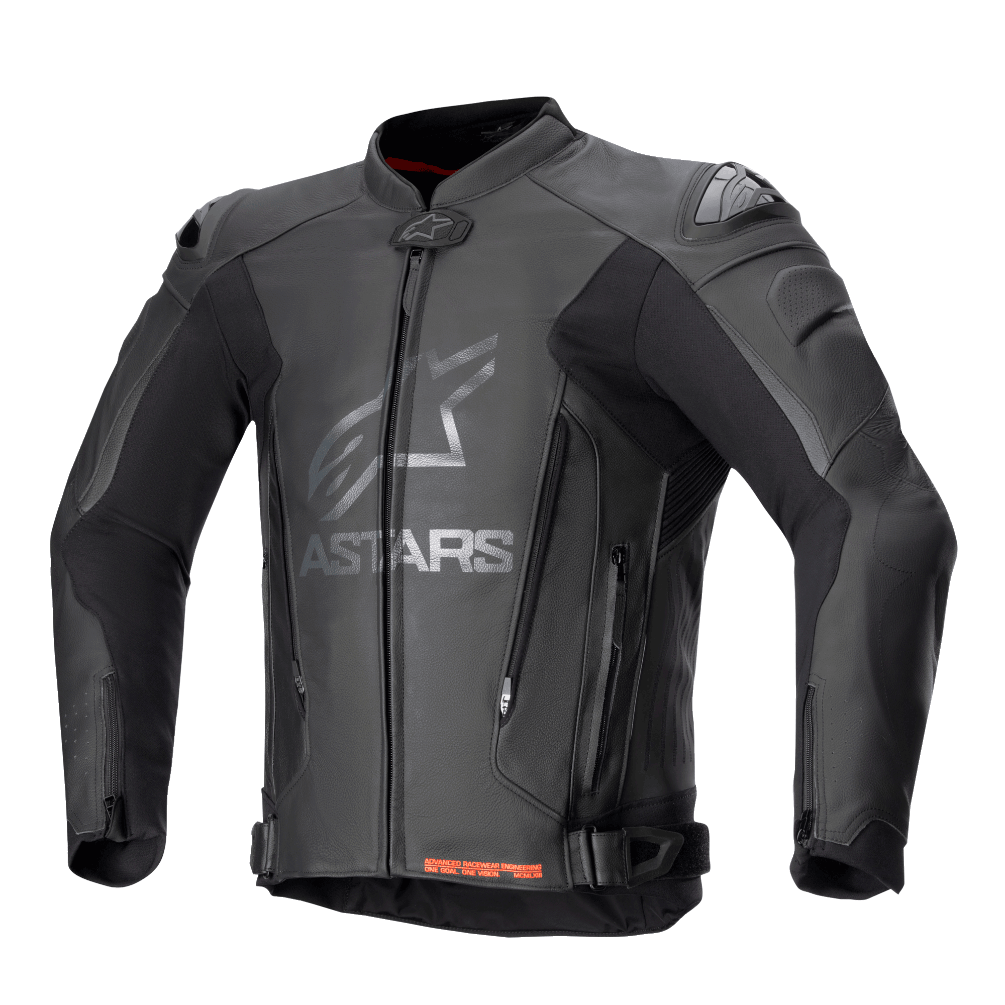 Chaqueta de cuero Alpinestars GP Plus V4, chaqueta negra de carreras para moto con logotipo ASTARS plateado en el pecho, cremallera frontal, deslizadores de hombro DFS externos, cremalleras de ventilación en el abdomen, correas de cintura ajustables, detalles rojos en el cuello interior, confección en cuero premium y tejido técnico elástico