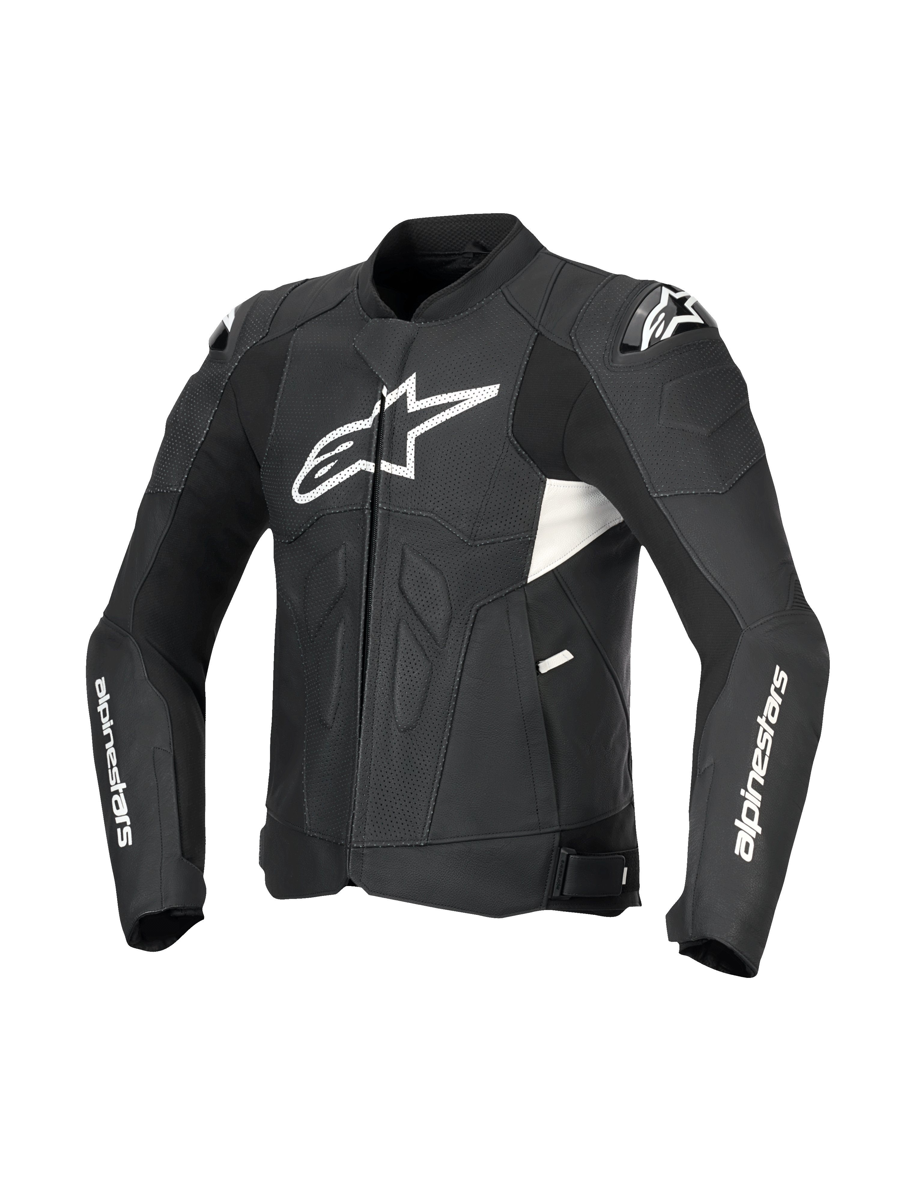 Alpinestars Dusk Airflow Leather Jacket, men's sport motorcycle leather jacket in Black and White, featuring extensive perforations, DFS shoulder armor, and CE Level AA certification