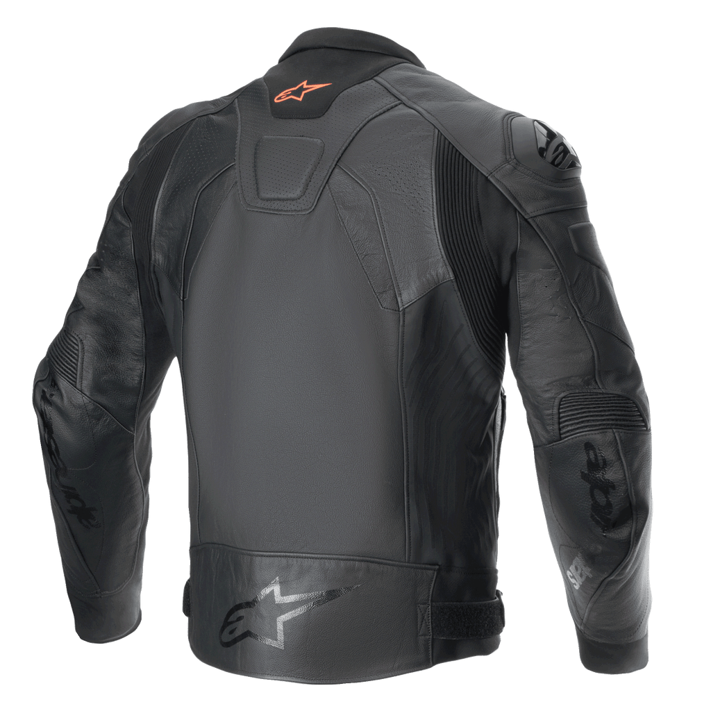 Alpinestars Chaqueta De Cuero GP Plus R V4 Airflow, chaqueta de moto deportiva para hombre, vista trasera en negro, con certificación CE y paneles elásticos de alto rendimiento