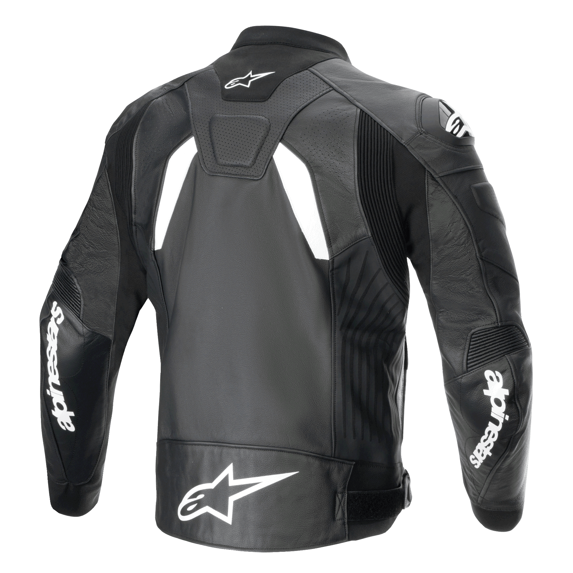 Chaqueta de cuero Alpinestars GP Plus R V4 Airflow, vista trasera, negro y blanco, con cuero perforado para ventilación, logotipos blancos de Alpinestars en las mangas y la parte inferior de la espalda, y paneles elásticos integrados para una conducción de alto rendimiento.