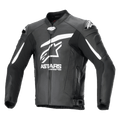 Chaqueta de cuero Alpinestars GP Plus R V4 Airflow, negra y blanca, vista frontal con gran logotipo de Astars y texto blanco en el pecho, paneles de cuero perforados para ventilación, deslizadores de hombro DFS, bolsillos con cremallera y correas de cintura ajustables, equipamiento de carreras de cuero premium