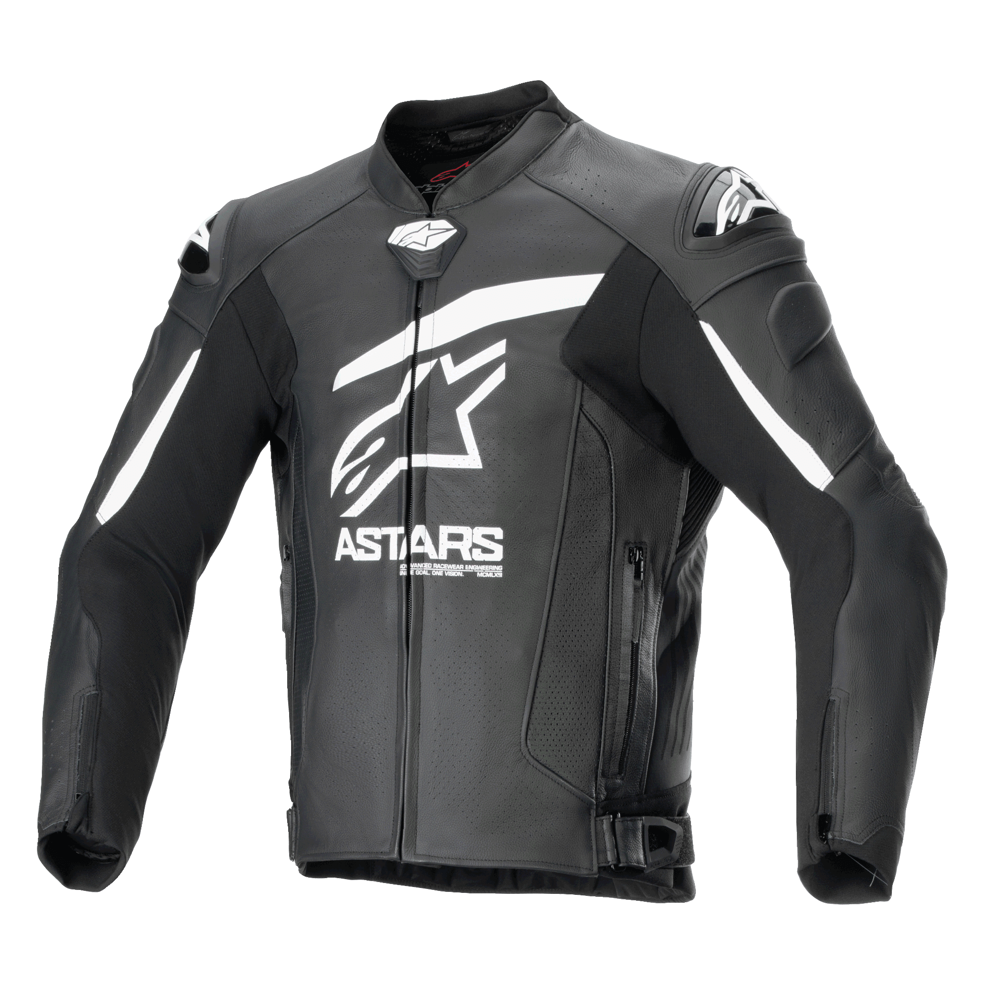 Chaqueta de cuero Alpinestars GP Plus R V4 Airflow, negra y blanca, vista frontal con gran logotipo de Astars y texto blanco en el pecho, paneles de cuero perforados para ventilación, deslizadores de hombro DFS, bolsillos con cremallera y correas de cintura ajustables, equipamiento de carreras de cuero premium