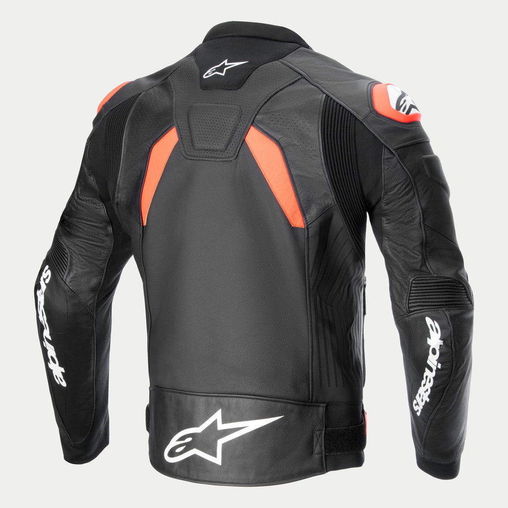 Alpinestars Chaqueta De Cuero GP Plus R V4 Airflow, chaqueta de moto para hombre, vista trasera en negro con detalles rojos y blancos, confeccionada en cuero con paneles ventilados