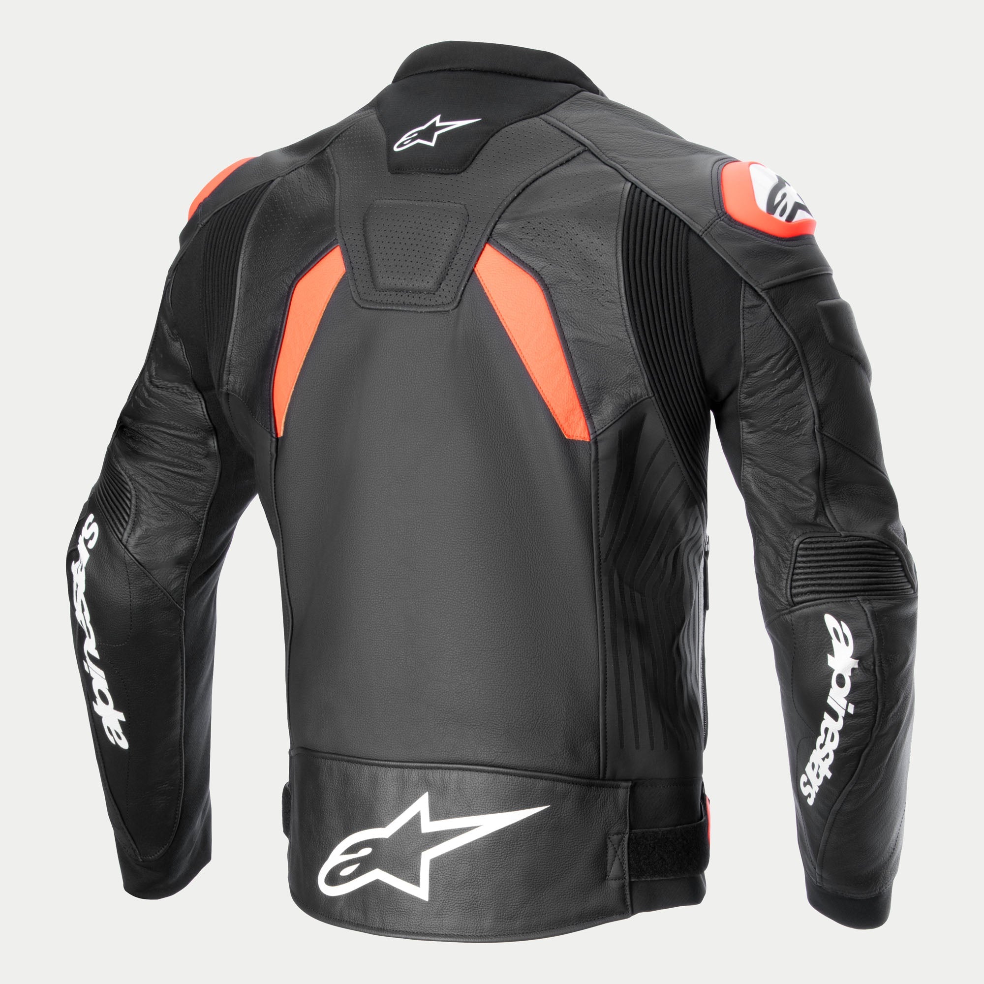 Alpinestars Chaqueta De Cuero GP Plus R V4 Airflow, chaqueta de moto para hombre, vista trasera en negro con detalles rojos y blancos, confeccionada en cuero con paneles ventilados
