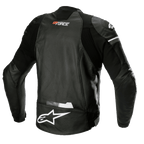 Alpinestars GP Force Airflow Leather Jacket, Black, back view featuring perforated buffalo leather for ventilation, GP Force branding on the neck, large white Alpinestars star logo on the lower back, and integrated stretch panels for a sport riding fit