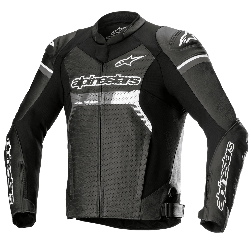 Alpinestars GP Force Airflow Leather Jacket, Black with white and grey accents, Motorcycle Racing Jacket, fully perforated leather chest and back for ventilation, external DFS Lite shoulder sliders, white Alpinestars logo branding on chest and sleeves, sporty road riding design