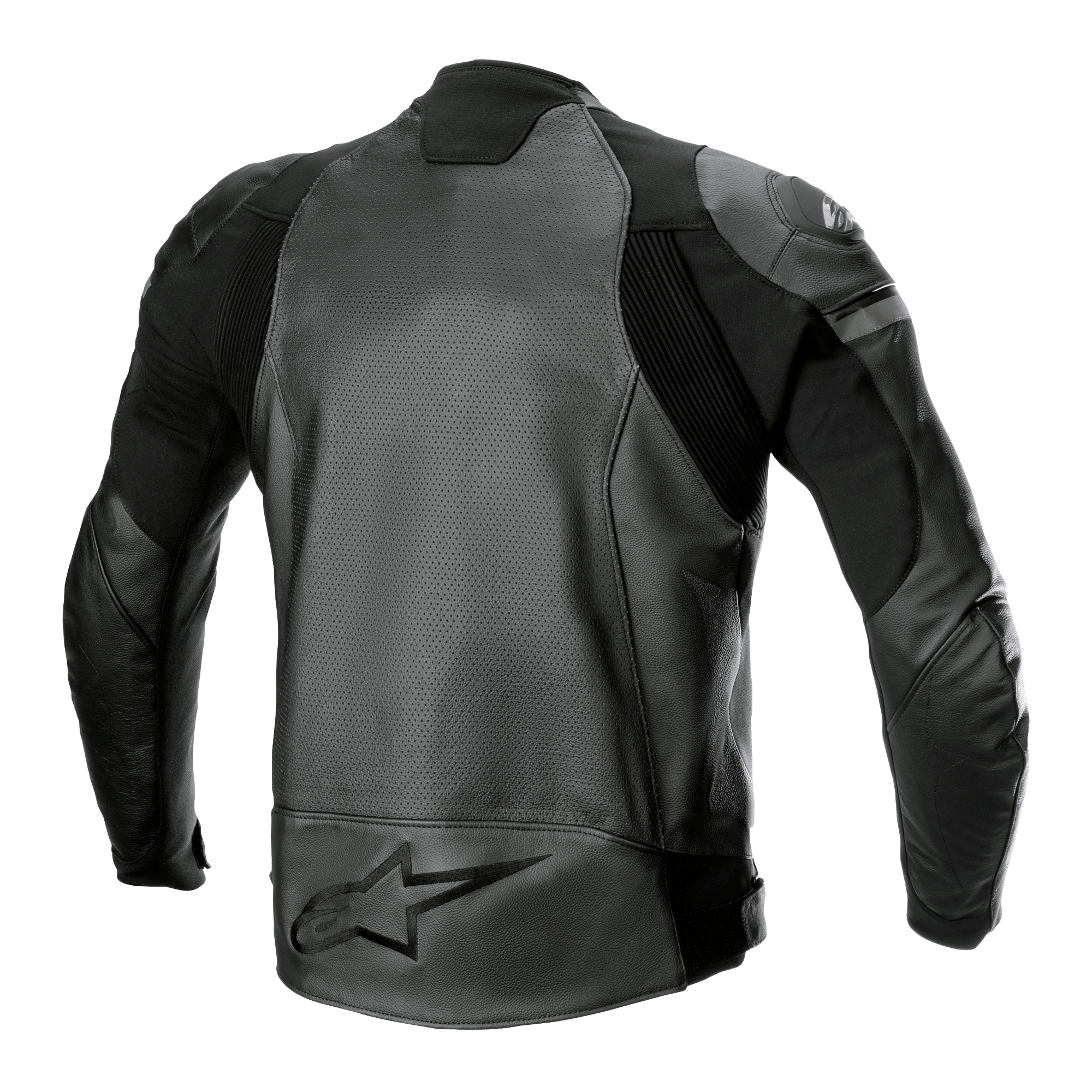 Alpinestars GP Force Airflow Leather Jacket, Black, Rear view featuring perforated buffalo leather panels, accordion stretch inserts, and large embossed star logo on the lower back, sport motorcycle racing gear