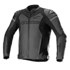 Alpinestars GP Force Airflow Leather Jacket, Motorcycle Racing Jacket, Black and Dark Gray, Perforated Panels for Ventilation, external DFS Lite shoulder sliders, bold branding on chest and sleeves, premium leather construction with adjustable waist straps