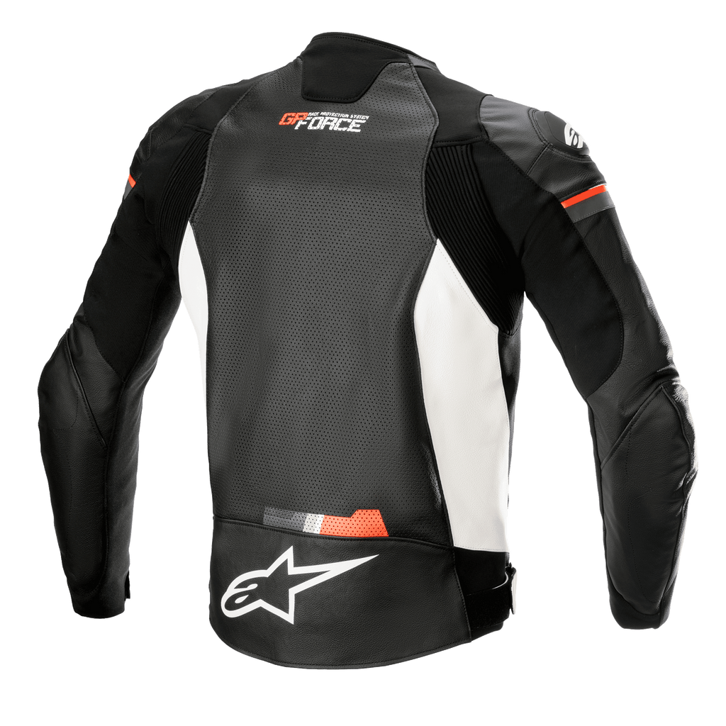 Alpinestars GP Force Airflow Leather Jacket, Rear View, Black White and Red Fluo, perforated leather back panel for ventilation, accordion stretch inserts on shoulders and sides, white Alpinestars logo on lower back, GP Force branding on upper back, sport motorcycle apparel