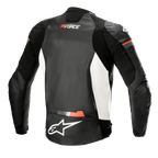 Alpinestars GP Force Airflow Leather Jacket, Rear View, Black White and Red Fluo, perforated leather back panel for ventilation, accordion stretch inserts on shoulders and sides, white Alpinestars logo on lower back, GP Force branding on upper back, sport motorcycle apparel