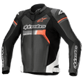Alpinestars GP Force Airflow Leather Jacket, Black with White and Red Fluo accents, perforated leather motorcycle racing jacket, featuring DFS Lite shoulder protectors, Alpinestars branding on chest and sleeves, ventilated sport design