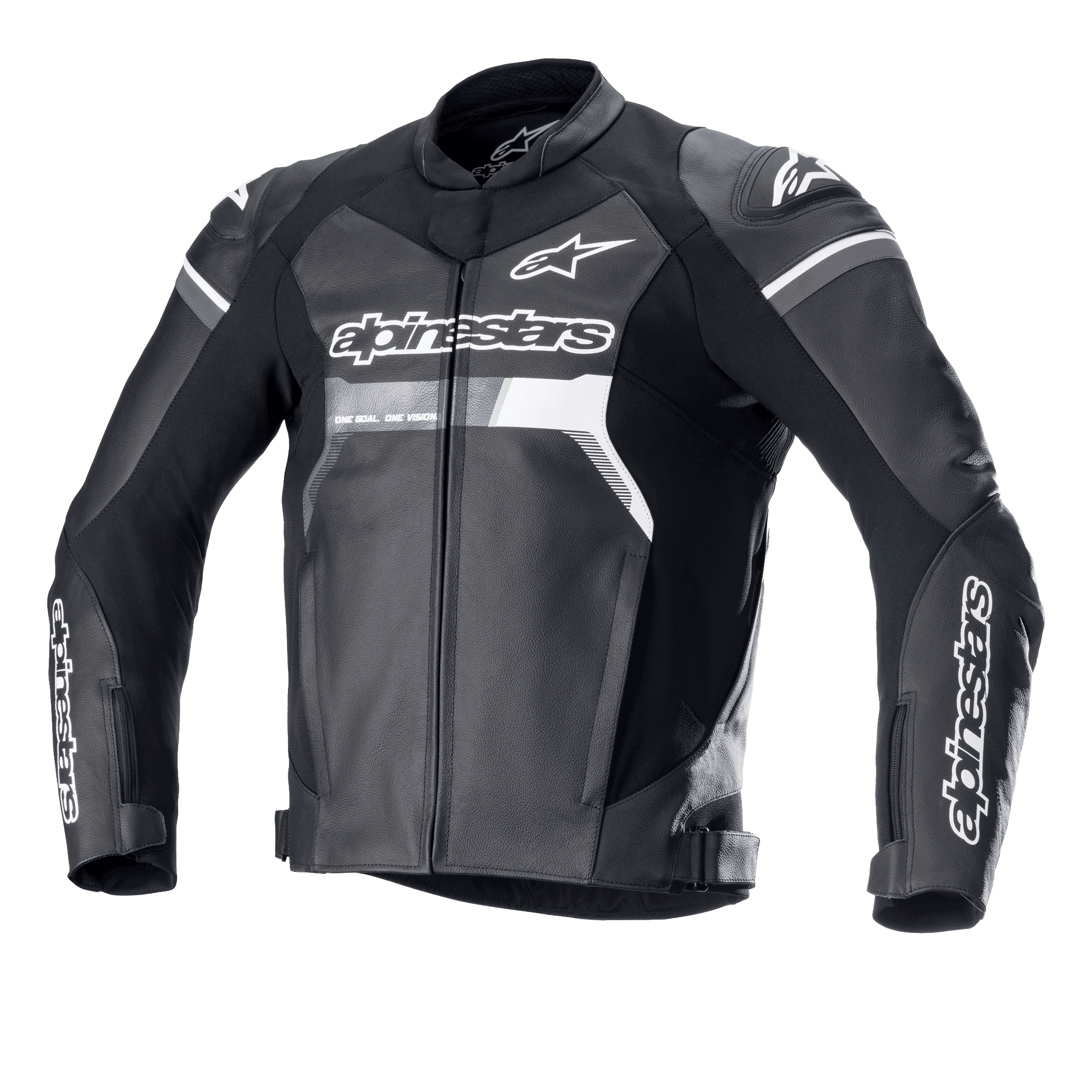 Chaqueta de cuero Alpinestars GP Force, negra con detalles en blanco y gris, chaqueta de carreras para moto, confección en cuero bovino de primera calidad, logotipos Alpinestars en el pecho y las mangas, deslizadores de hombro DFS Lite, ajuste deportivo ergonómico para carretera