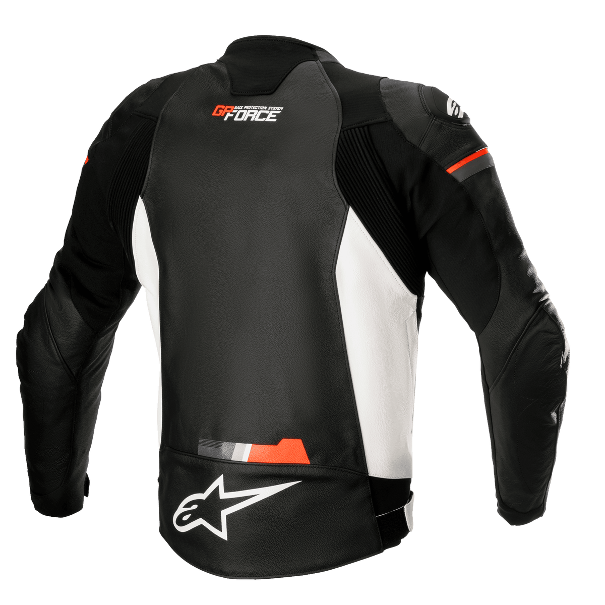 Chaqueta de cuero Alpinestars GP Force, chaqueta de cuero para moto, negro, blanco y rojo flúor, vista trasera con paneles laterales blancos y detalles en rojo fluorescente, logotipos de GP Force y Alpinestars, diseño deportivo de cuero con paneles elásticos de acordeón