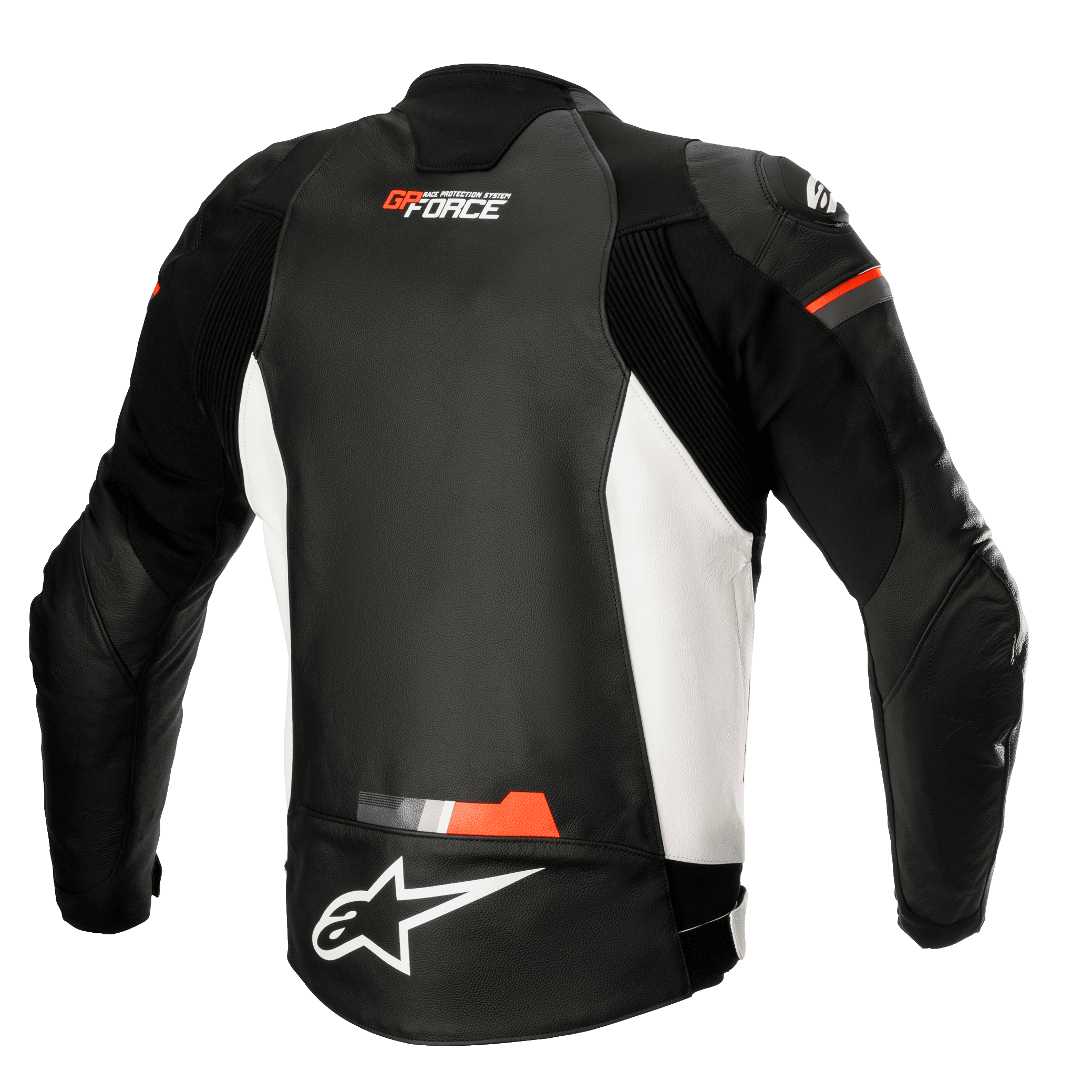Chaqueta de cuero Alpinestars GP Force, chaqueta de cuero para moto, negro, blanco y rojo flúor, vista trasera con paneles laterales blancos y detalles en rojo fluorescente, logotipos de GP Force y Alpinestars, diseño deportivo de cuero con paneles elásticos de acordeón