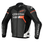 Alpinestars GP Force Leather Jacket, chaqueta de motociclismo para carreras, negra con detalles en blanco y rojo flúor, con logotipos destacados de Alpinestars en el pecho y las mangas, construcción en cuero bovino de primera calidad con protectores de hombros DFS Lite, silueta aerodinámica estilizada