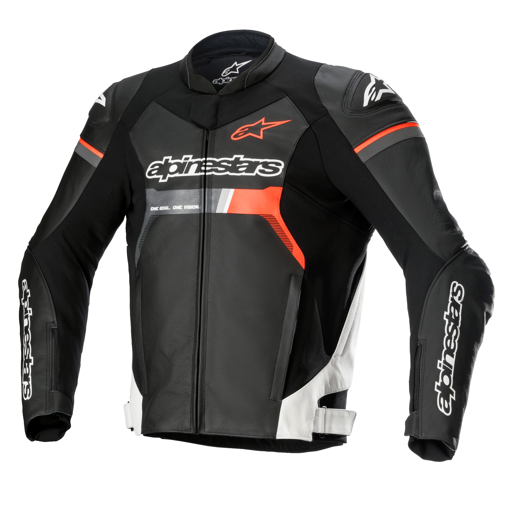 Alpinestars GP Force Leather Jacket, chaqueta de motociclismo para carreras, negra con detalles en blanco y rojo flúor, con logotipos destacados de Alpinestars en el pecho y las mangas, construcción en cuero bovino de primera calidad con protectores de hombros DFS Lite, silueta aerodinámica estilizada