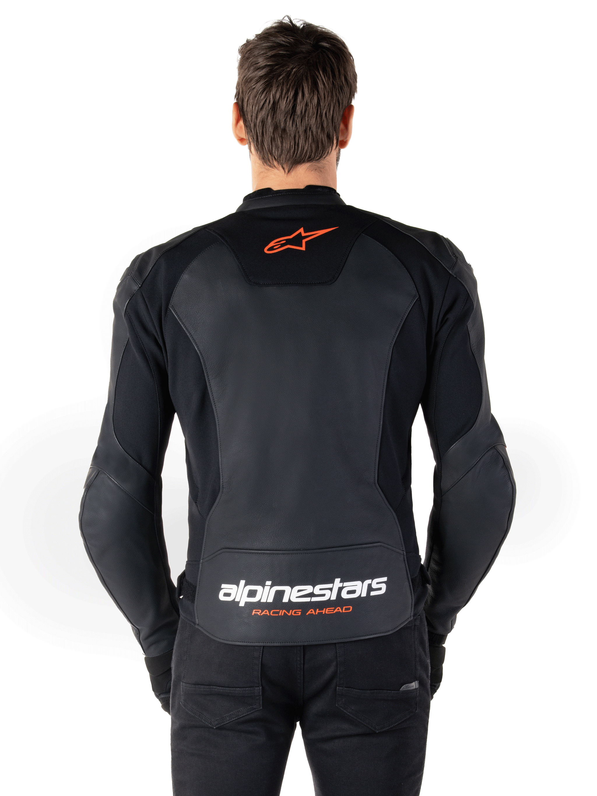 Alpinestars Faster V3 Leather Jacket, Sport Motorcycle Jacket, Black and Red Fluo, featuring premium leather construction with HRSF stretch panels and a refined sport-fit silhouette.