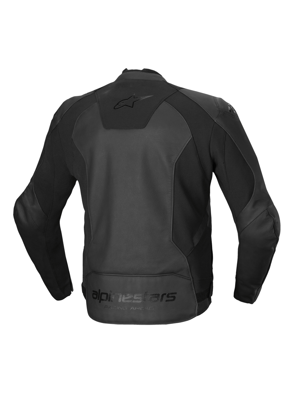 Alpinestars Chaqueta De Cuero Faster V3, chaqueta de moto deportiva para hombre, vista trasera en negro, certificada CE clase AA con paneles elásticos HRSF avanzados