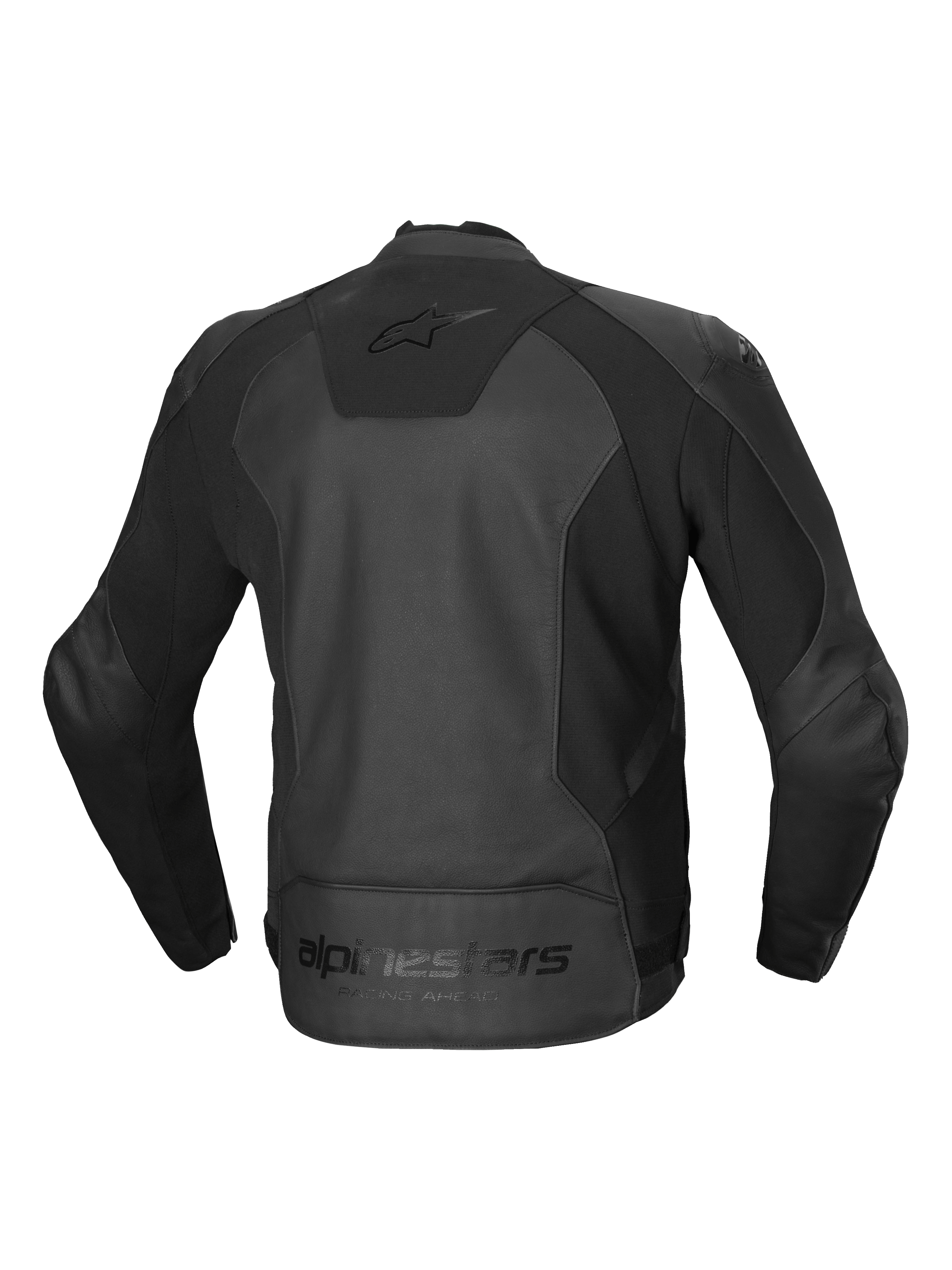 Alpinestars Chaqueta De Cuero Faster V3, chaqueta de moto deportiva para hombre, vista trasera en negro, certificada CE clase AA con paneles elásticos HRSF avanzados