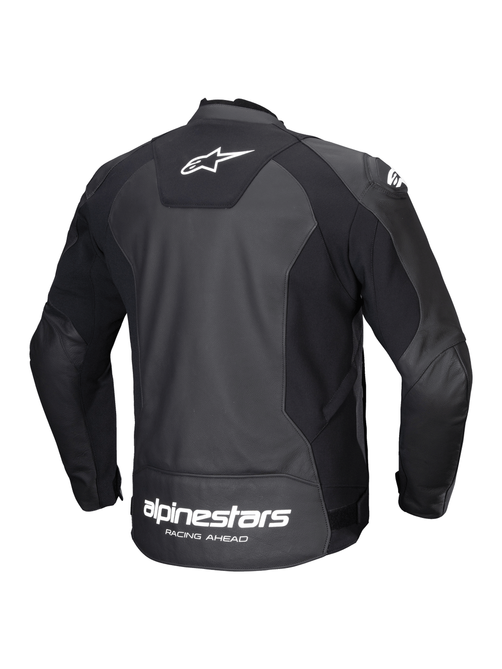 Alpinestars Faster V3 Leather Jacket, men's sport riding motorcycle jacket, rear view, black and white, featuring durable leather and advanced stretch panels with branding on the back