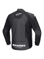 Alpinestars Faster V3 Leather Jacket, men's sport riding motorcycle jacket, rear view, black and white, featuring durable leather and advanced stretch panels with branding on the back